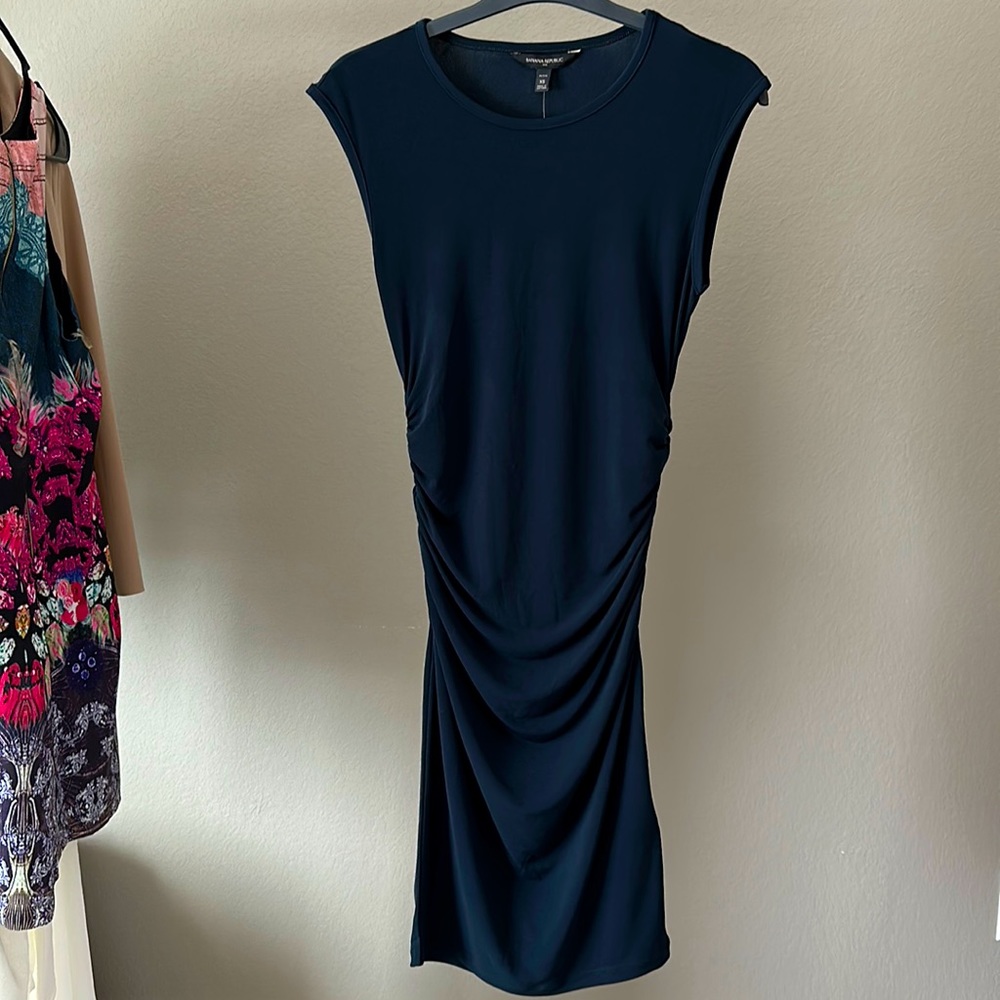 NWT Banana Republic Petite Exclusive PXS Navy Blue side ruched midi dress